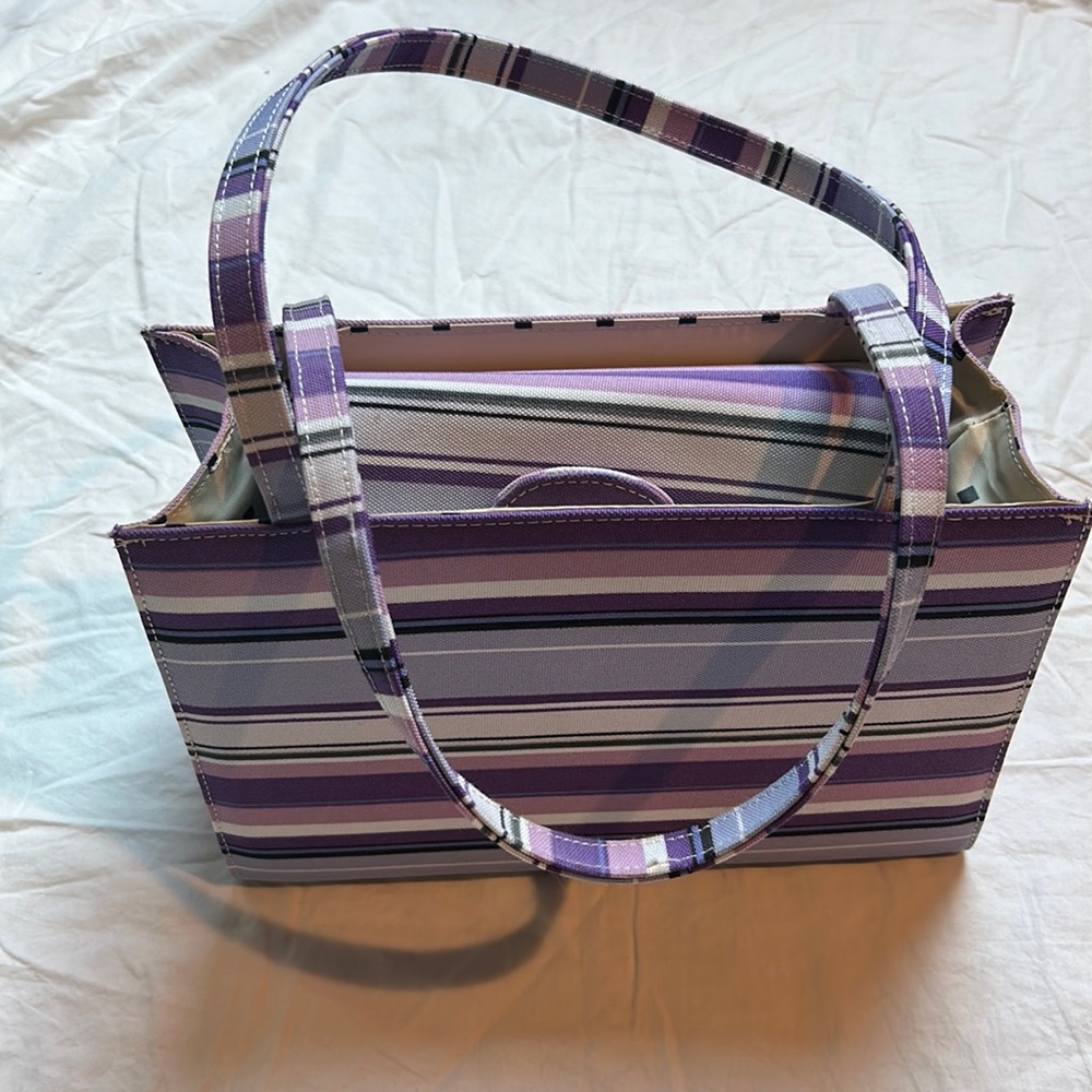 Structured purple striped purse with metal clasp